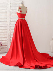 Red Two Pieces Satin Long Prom Dresses Simple Red Evening Dresses