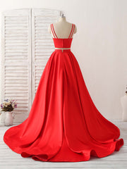 Red Two Pieces Satin Long Prom Dresses Simple Red Evening Dresses