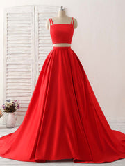 Red Two Pieces Satin Long Prom Dresses Simple Red Evening Dresses