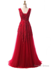 Red V Neck Long Lace Appliques Prom Dresses