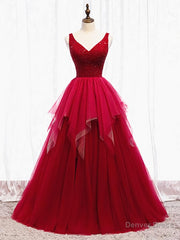 Red V Neck Long Prom Dresses with Corset Back, Red Floor Length Prom Gown, Evening Dresses