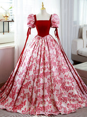 Red Velvet Puff Sleeve Square Quinceanera Dresses