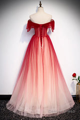 Red Off the Shoulder Long Tulle Prom Dress with Beading, Party Gown with Sequins