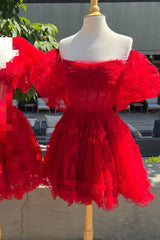 Red Tulle Puff Sleeves Ruffles Tulle Homecoming Dresses