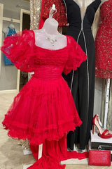 Red Tulle Puff Sleeves Ruffles Tulle Homecoming Dresses