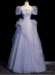 Romance Blue Tulle Sequins Puff Sleeve Beading Prom Dress