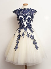 Round Neck Short White And Blue Lace Prom Dresses, Short Lace Homecoming/Graduation Dresses