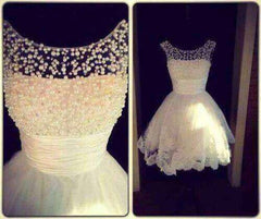 Round Neck White Short Lace Prom Dresses, White Short Lace Homecoming Dresses/Graduation Dresses