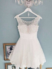 Round Neck White Short Lace Prom Dresses, White Short Lace Homecoming Dresses/Graduation Dresses