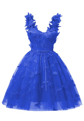 Royal Blue 3D Butterfly Blonder Applique Tulle Homecoming Dress til teenagere kæreste mini korte prom kjoler