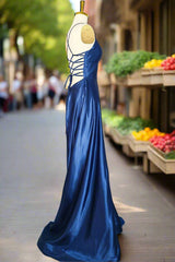 Royal Blue A-line V Neck Prom Dresses Spaghetti Straps Long/Floor-Length Charmeuse Fromal Dresses With Pleated