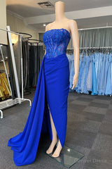 Royal Blue Appliques Strapless Long Formal Gown with Attached Train