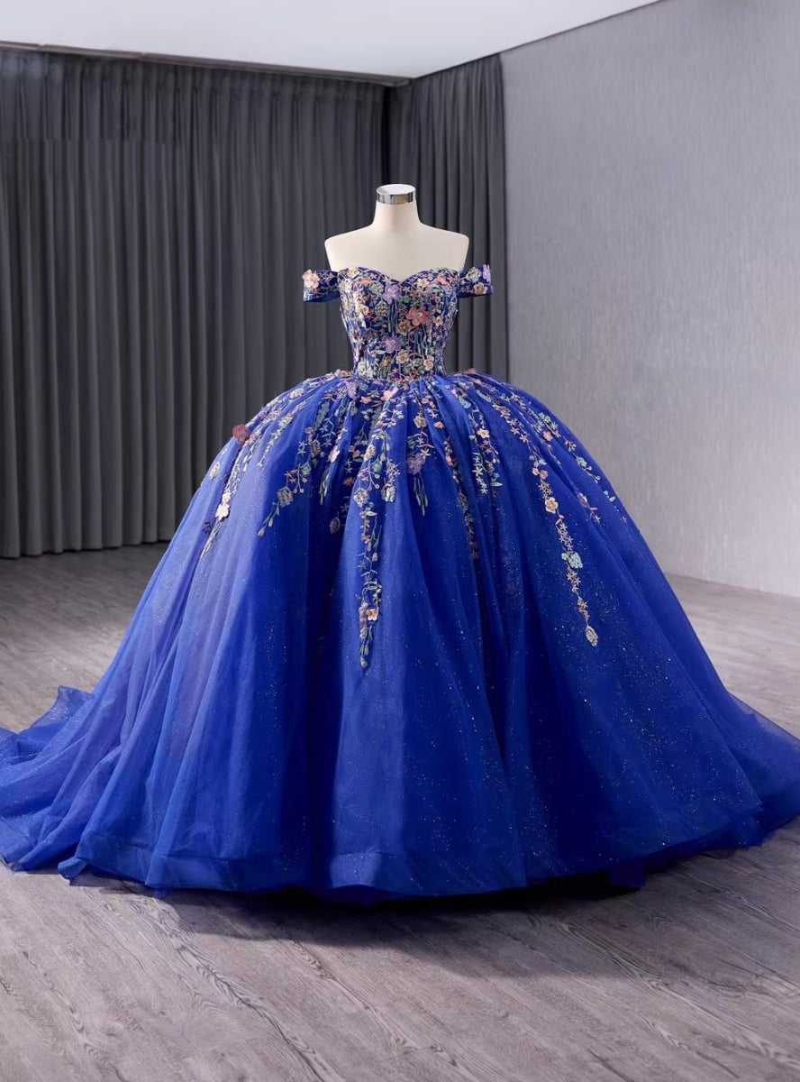 Royal Blue Ball Gown Tulle Appliques Prom Dress