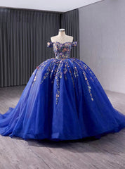 Royal Blue Ball Gown Tulle Appliques Prom Dress