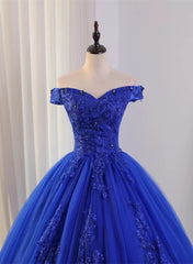 Royal Blue Ball Gown Tulle with Lace Applique Prom Dresses,Royal Blue Sweetheart 16 Dresses