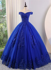 Royal Blue Ball Gown Tulle with Lace Applique Prom Dresses,Royal Blue Sweetheart 16 Dresses