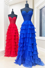 Royal Blue Chiffon Sweetheart Ruffle Triered Long Prom Dress