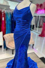 Royal Blue Cowl Neck Rhinestones Long Prom Dresses with Feather-Trimmed Slit