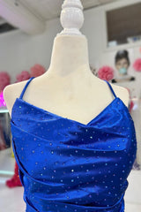 Royal Blue Cowl Neck Rhinestones Long Prom Dresses with Feather-Trimmed Slit