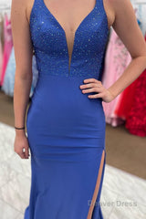 Royal Blue Deep V Neck Mermaid Prom Dress with Slit