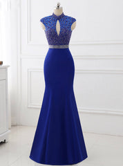 Royal Blue High Collar Sexy Backless Mermaid Prom Dresses