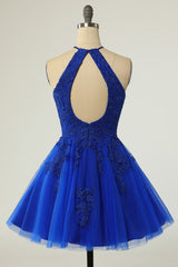 Royal Blue Homecoming Kleider Halfer ärmellose Applikat A-Line Mini Prom Kleider