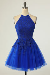 Royal Blue Homecoming Kleider Halfer ärmellose Applikat A-Line Mini Prom Kleider