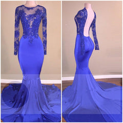 Royal-Blue Long-Sleeves Open-Back Mermaid Charming Sheer Prom Dresses