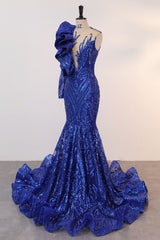 Royal Blue Mermaid One Sleeve Prom Dresses Sequined Lace Jewel Ruffles Evening Party Dresses with Appliques