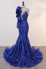 Royal Blue Mermaid One Mange Prom Dresses de encaje con lentejuelas Ruffles Vestido de fiesta con apliques