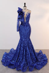 Royal Blue Mermaid One Sleeve Prom Dresses Sequined Lace Jewel Ruffles Evening Party Dresses with Appliques