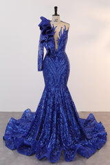 Royal Blue Mermaid One Mange Prom Dresses de encaje con lentejuelas Ruffles Vestido de fiesta con apliques