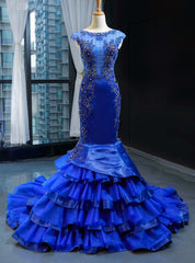 Royal Blue Mermaid Satin Tulle Backless Beading Prom Dress