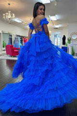 Royal Blue Off the Shoulder Ruffle Tiered Tule Long Prom -jurken met spleet