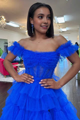 Royal Blue Off the Shoulder Ruffle Tiered Tulle Long Prom Dresses with Slit