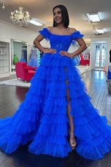 Royal Blue Off the Shoulder Ruffle Tiered Tule Long Prom -jurken met spleet