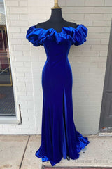 Royal Blue Off-the-Shoulder Ruffled Mermaid Long Prom Dress