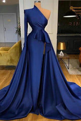 Royal Blue One Shoulder Long Sleeves Slit Prom Dresses Overskirt