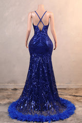 Royal Blue Prom Kleider PAINE MERMID LANGE EINFAHREN Kleider bodenlange ärmellose Spaghetti -Riemen mit Feder