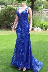 Rochii Royal Blue Prom Sequins v Neck Mermaid femei rochii de seară fără mâneci