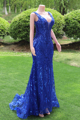 Royal Blue Prom Dresses paljetter V Neck Mermaid Women aftonklänningar ärmlös