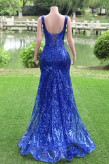 Royal Blue Prom Dresses paljetter V Neck Mermaid Women aftonklänningar ärmlös