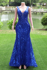 Vestidos de baile azul royal lantejoulas contra sereia feminina vestidos de noite sem mangas