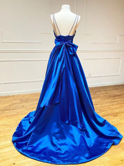 Royal Blue Satin A Line V Neck Long Prom -jurk met vlinderdas