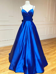 Royal Blue Satin A Line V Neck Long Prom Dresses With Bow Tie