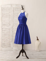 Royal Blue Satin Beads Short Prom Dresses Blue Homecoming Dresses