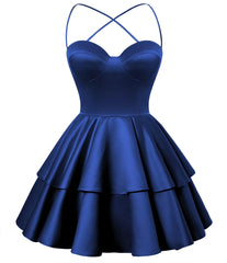 Royal Blue Satin Homecoming Kleid Schatz Hals abgestuftet kurze Abschlusskleider