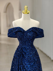 Royal Blue Sequins Long Prom Dresses,Off the Shoulder Formal Evening Dresses