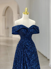 Royal Blue Sequins Long Prom Dresses,Off the Shoulder Formal Evening Dresses