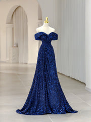 Royal Blue Sequins Long Prom Dresses,Off the Shoulder Formal Evening Dresses